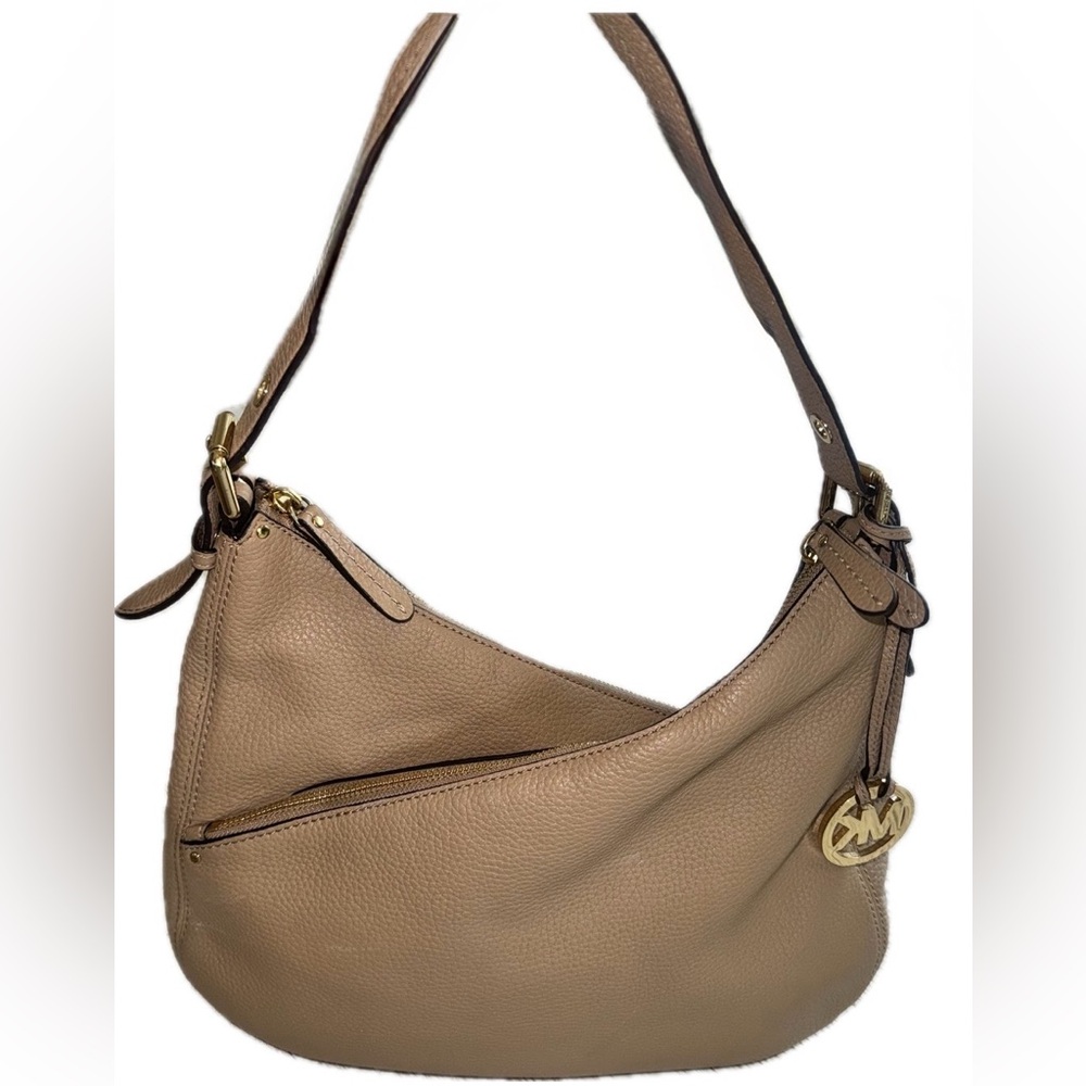 Michael Kors Lea Shoulder Bag Asymmetrical Zip 3 Compartment Tan Leather - Picture 3 of 16